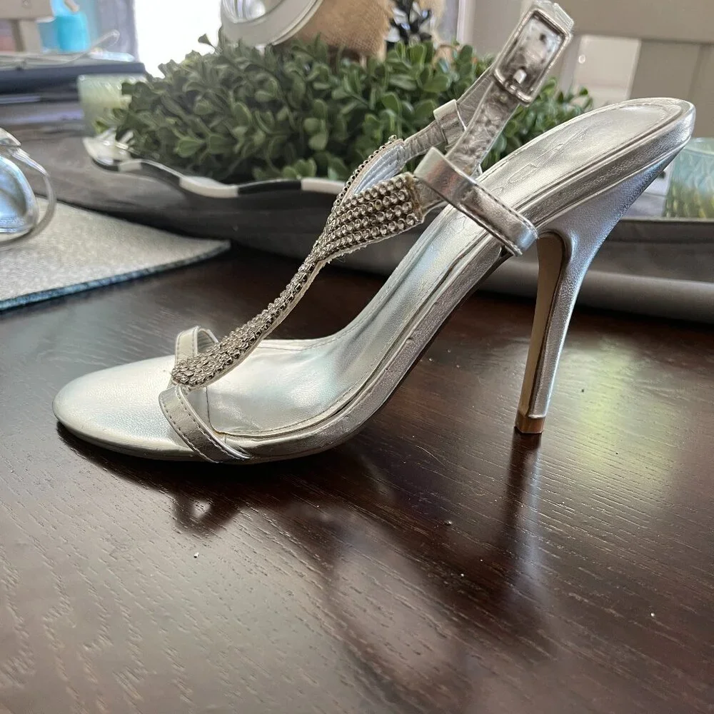 ALDO Embellished Sparkly Silver Rhinestone Strappy Heels Size 6
